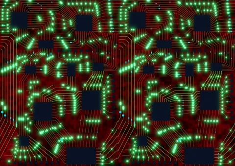 Flight over 3D printed circuit board with pulsating green lights of digital Stock Footage 143599213