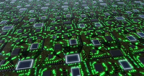 Flight over 3D printed circuit board with pulsating green lights of digital Video stock 144690353