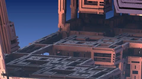 Flight over alien complex architecture at dawn n1428 Stock Footage 14826865