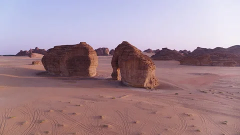 Flight over and above Elephant rock formation in desert. Al Ula. Aerial 4K Stock Footage 196848471