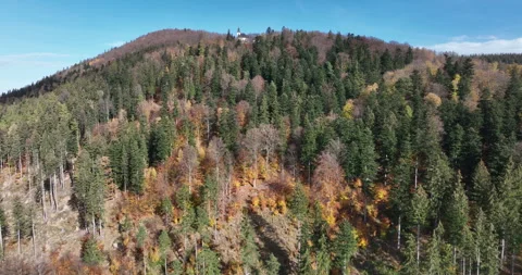 Flight over autumn forest to Maria Śnieżna Sanctuary on Igliczna Видео 346663236