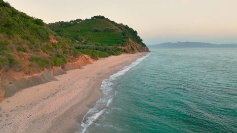 Flight over the beach and general view of the coast of Albanian Riviera Stock Footage 211629466