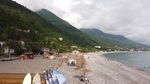 Flight over the beach in old Gagra in Abkhazia. Stock-Footage 244770224