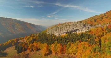 Flight Over Beautiful Forest and Mountain Rock In Sunny Day. Stock Footage