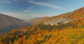 Flight Over Beautiful Forest and Mountain Rock In Sunny Day. Aerial Shot Stock Footage 85878809