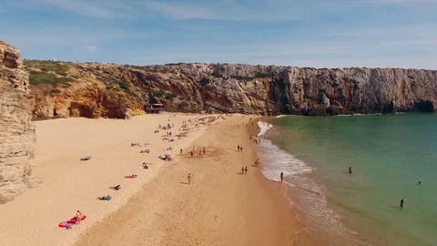 Flight over beautiful sandy beach in Portugal, Praia do Beliche, Sagres, aerial Video stock 81120906