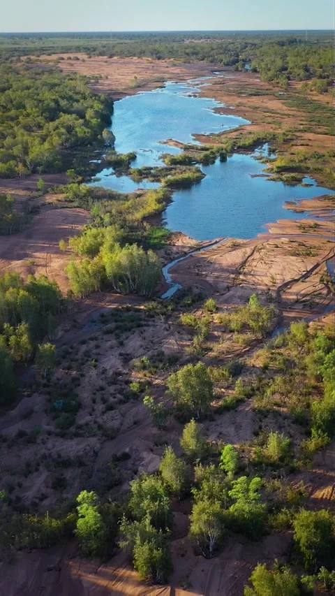 Flight over beautiful sandy riverbed with water pools, Grey River, Australia Video stock 232160225