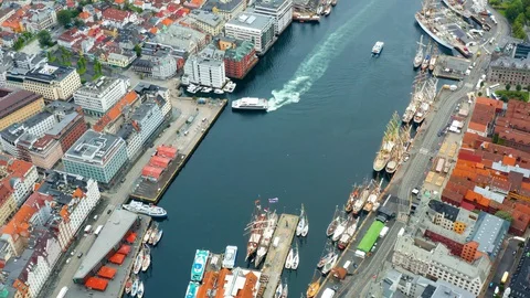 Flight over Bergen, the second largest city in Norway Stock Footage 128120300