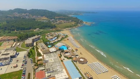 A flight over the big resort complex located by the coast of miditerranean sea Видео 95151404