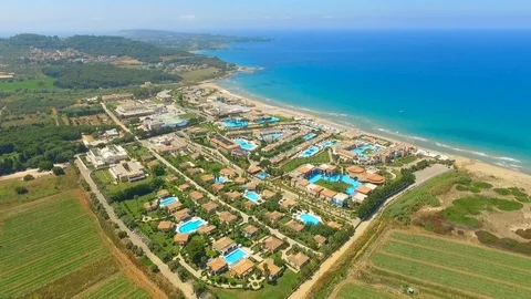 A flight over the big resort complex located by the coast of miditerranean sea Video stock 95152576