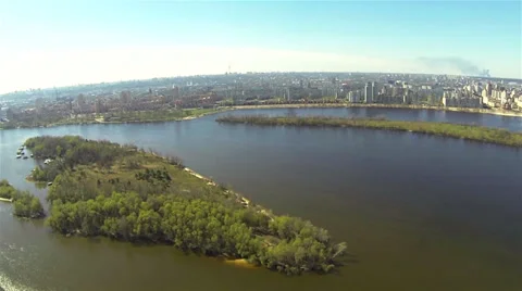 Flight over  big river  and city. Aerial panorama Video stock 37262177