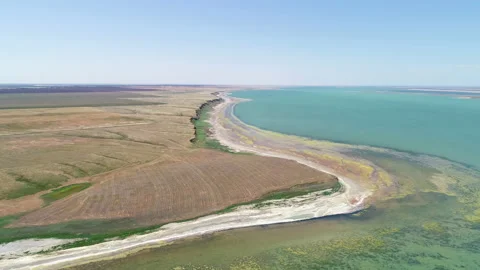 Flight over the blue river on a sunny day Stock Footage 153479901