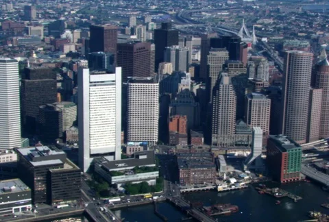 Flight over Boston Harbor looking toward downtown. Shot in 2003. Stock Footage 86885509