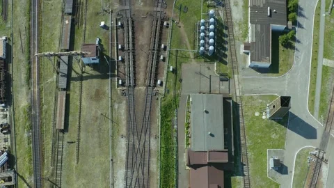 Flight over the branches of railway tracks and a panoramic view of the large 스톡 동영상 133177364