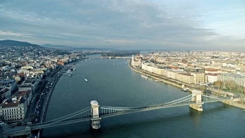 Flight over Budapest city at sunset, Hungary, Europe Stock Footage 84974095