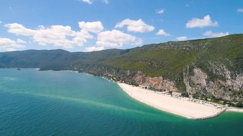 Flight Over the Bulk Beach Under the Mountain Stock Footage 89884289