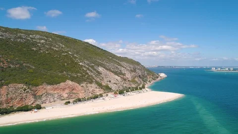 Flight Over the Bulk Beach Under the Mountain Stock Footage 89884503