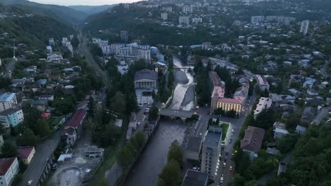 Flight over of the center city, mining town Chiatura Stock Footage 253873617