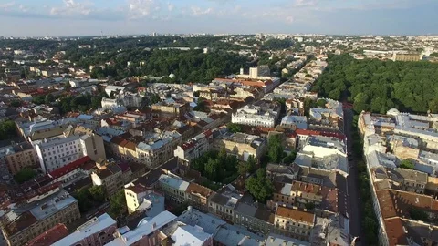 Flight over the center of Lviv Video stock 74713460