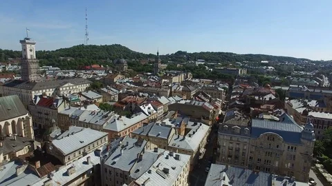Flight over the center of Lviv Stock Footage 74713814