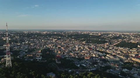 Flight over the central part of the city of Lviv in Ukraine. Morning sunrise Stock Footage 194455147
