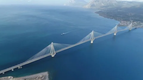Flight over of the Charilaos Trikoupis bridge Rio-Antirio Stock Footage 82991253