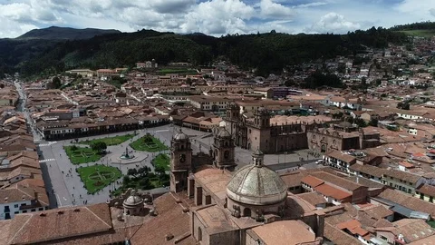 Flight over churches, main square of Cusco Stock Footage 112219065
