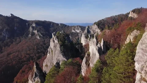Flight over cliffs in autumn forest Stock Footage 175779593