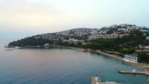 Flight over the coast of Bodrum, against the background of hotels, Turkey  Stock Footage 202004702