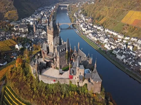 Flight over Cochem castle, Germany Stock Footage 82498211