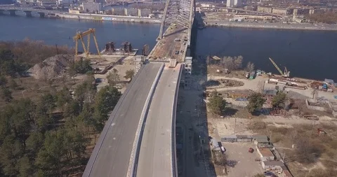 Flight over the construction of the bridge Kiev Ukraine March 25, 2020, Stock Footage 127215889