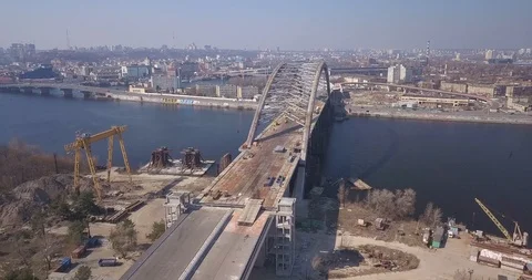 Flight over the construction of the bridge Kiev Ukraine March 25, 2020, Stock Footage 127215921