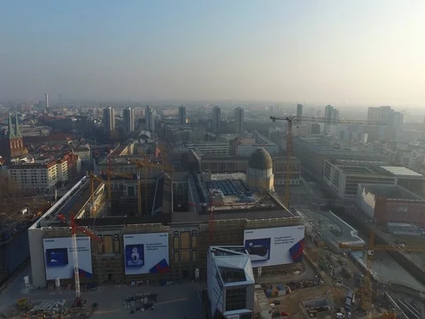 A flight over the construction site of the castle, summer day, Berlin, aerial. Stock Footage 79996622