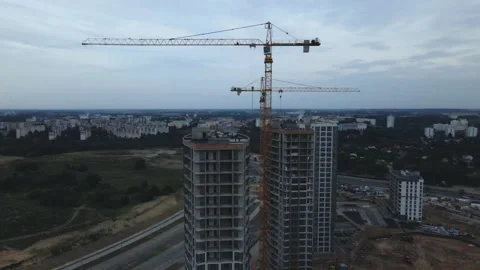 Flight over the construction site at sunset, at dusk. Stock Footage 158201115