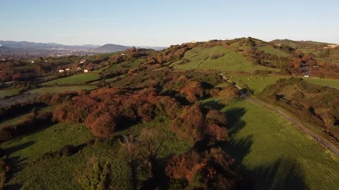 Flight over country fields in a winter morning. Asturias. Spain Stock Footage