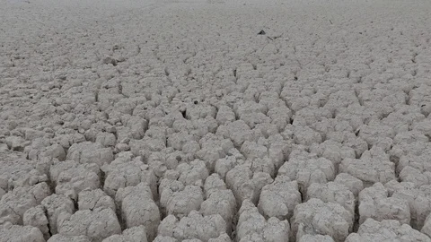 Flight over Cracked ground of the ocean dried because of Ecological Disaster Stock Footage 112374676