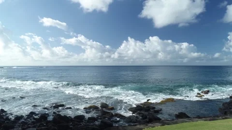 Flight Over Crystal Blue Ocean With Clouds Stock Footage 256680267