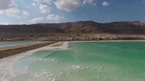 Flight over the dead sea. salt, water and dried shrubs. dead sea. Israel. Stock Footage