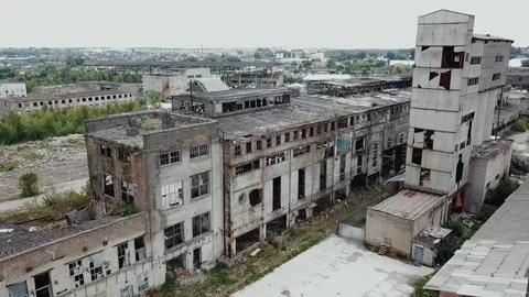 Flight over the destroyed factory. Old industrial building for demolition Video stock 91559868