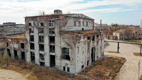 Flight over the destroyed factory. Old industrial building for demolition. Stock Footage 106069638