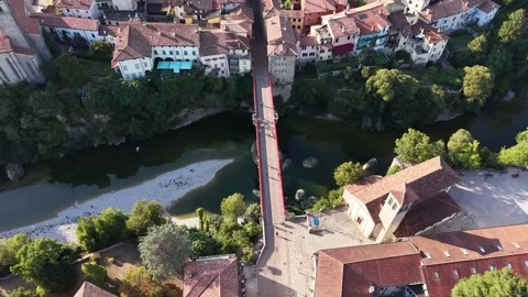 Flight over Devil's Bridge over Natisone river in Cividale del Friuli, Italy Stock Footage 340958288