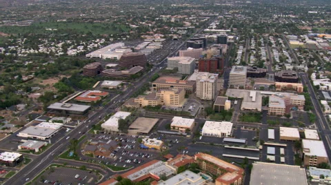 Flight over downtown area toward suburbs of Scottsdale, Arizona. Shot in 2008. Stock Footage 59538169