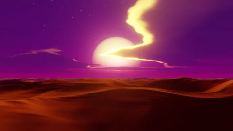 Flight over the dunes at sunset, stylized synthwave animation, seamless loop Stock Footage 245386418