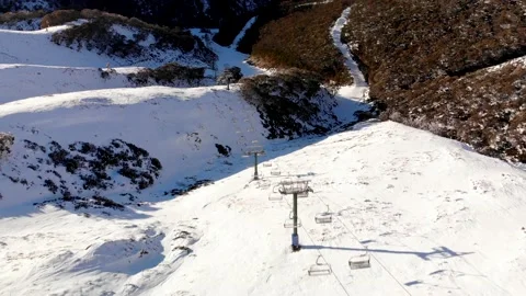 Flight Over Empty Ski Lift on Sunny Snowy Day Aerial 4K Stock Footage 137882113