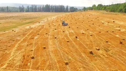 Flight over the field with hay and a tractor. bird's-eye view. Stock-Footage 85908247