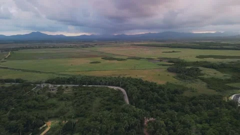 Flight over fields against backdrop of softly pink-purple sunset mountains Stock Footage 273533716