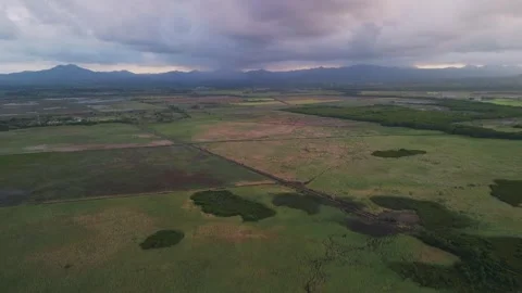 Flight over fields against backdrop of softly pink-purple sunset mountains Stock Footage 273533781