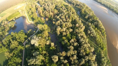 Flight over the fields and trees and river Stock Footage 89454532