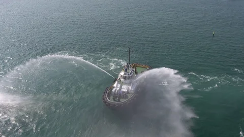 Flight over the firefighter boat 2 스톡 동영상 123696326