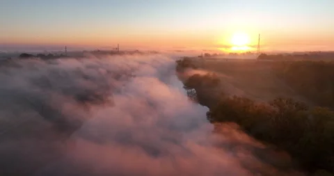 Flight over foggy Oder River at autumn sunrise near Wrocław Stock Footage 346660429